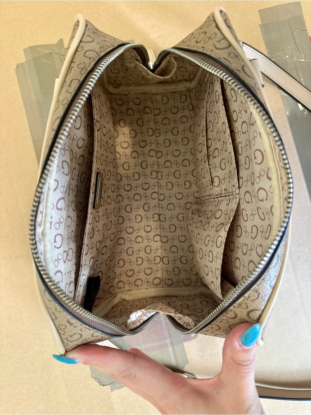 The GUESS Logo Print Small Satchel Top Handle Bag in beige and brown - Picture 8 of 9